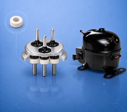 Refrigerator compressor terminal with steatite ceramic insulator